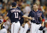 May 16 - WSH vs PIT - Adam LaRoche is congratulated by Ryan Zimmerman after hitting his 1000th career hit, a deep-right double in the 7th inning to clear loaded bases and bring the Nationals up 7-3.