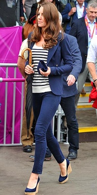 Kate Middleton's Olympic uniform: Smythe blazer, J Brand jeans, Stuart Weitzman wedges (we found a great, affordable lookalike for the shoes!)