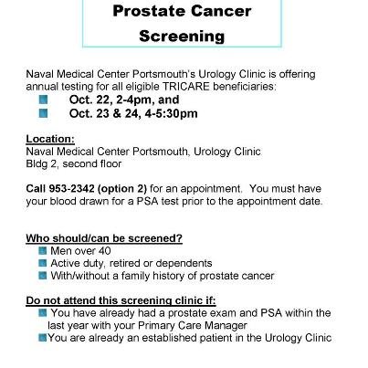 Photo: NMCP's Urology Clinic is offering annual prostate screenings this month for eligible TRICARE beneficiaries. Click the flyer for details. Make your appointment now!