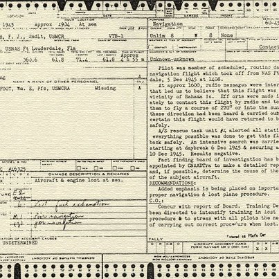 Photo: Accident Loss Card for Second Lieutenant F. J. Gerber, USMCR.   Courtesy of the NHHC Navy Library.   To view other accident reports, please click here:  
http://www.history.navy.mil/faqs/faq15-1_accidentreports.htm