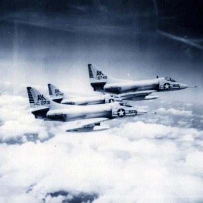 Photo: A4D Aircraft, formation flying.  Air to air shots of A4D Aircraft from USS Essex, VMA-225.  NHHC Photograph Collection, Visual-Aid, Cards, Aviation.