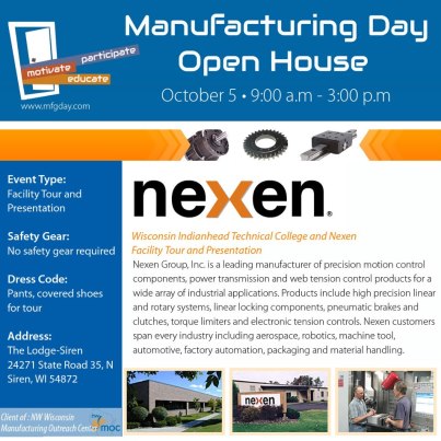 Photo: Take a look inside manufacturing at Nexen Group, Inc. Facility Tour on Manufacturing Day. Nexen Group, Inc. is a leading manufacturer of precision motion control components, power transmission and web tension control products for a wide array of industrial applications. For more information visit http://www.mfgday.com/