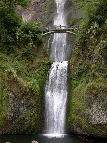 Multnomah Falls courses down a rock face, under a bridge and into a pool.