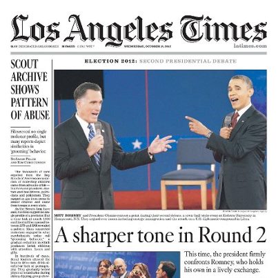 Photo: Today's A1:

• A sharper tone in second presidential debate 
http://lat.ms/QrXFIU
• News Analysis: President Obama is back in the fight 
http://lat.ms/QrXKwl
• In Scouting reports, a pattern of molestation 
http://lat.ms/QrXMo3
• Historic, once-bustling bazaar in Syria now a battleground http://lat.ms/QrXNZb
• Arizona county's grim lost and found 
http://lat.ms/QrXRYQ

PDF: http://lat.ms/uxSrQ