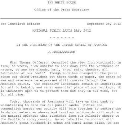 Photo: Presidential proclamation declaring September 29, 2012 as National Public Lands Day.