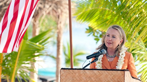 U.S. Secretary of State Hillary Rodham Clinton delivers remarks at Sustainable Development and Conservation event in Rarotonga, Cook Islands, August 31, 2012. [State Department photo by Ola Thorsen/ Public Domain]