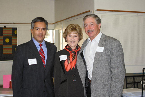 Deputy Thomas  Guevara, Deputy Assistant Secretary for Regional Affairs at the Economic Development Administration (left); Colorado Agriculture Commissioner John Salazar (right), and Colleen Callahan of USDA prepare for the morning session at the drought conference. USDA photo.