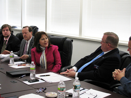 (left to right) Dominick Ferrante, Representing Congressman Robert Andrews; USDA Rural Development State Director Howard Henderson; Housing Administrator Tammye Treviño; Pat Delaney, Sun National Bank; and Robert Angradi, Oak Mortgage Company discuss the refinance pilot program at the New Jersey roundtable meeting.