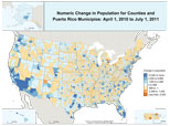 Map of Numeric Change in Population for Counties and Puerto Rico Municipios: April 1, 2010 to July 1, 2011