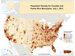 Map of Population Density for Counties and Puerto Rico Municipios: July 1, 2011