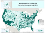 Map of Population Size for Counties and Puerto Rico Municipios: July 1, 2011