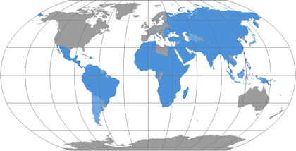 Places the U.S. Census Bureau's International Programs Staff has worked shown in red.