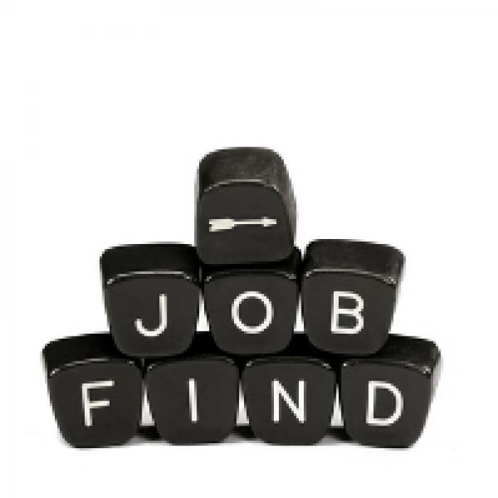 Typewriter keys spell out "Job Find"; an arrow points forward.