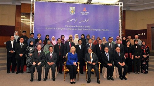 U.S. Secretary of State Hillary Rodham Clinton and Brunei's Foreign Minister Prince Mohamed Bolkiah participate in the inaugural launch of the Brunei-U.S. English Language Enrichment Project for ASEAN in Bandar Seri Begawan, Brunei. September 7, 2012. [State Department photo/ Public Domain]