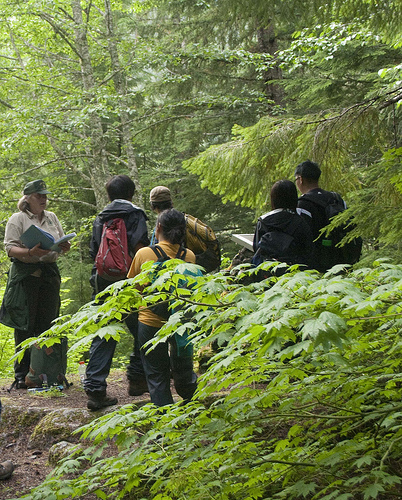 U.S. Forest Service archeologist Jan Hollenbeck speaks to a group of youth about Monte Cristo on the Mt. Baker-Snoqualmie National Forest in Washington.