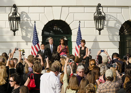 From left: Alex Roman, Walsh Elementary School, Chicago, Illinois, Agriculture Secretary Tom Vilsack, First Lady Michelle Obama and Becky Bounds, Lamar County Schools, Mississippi. Agriculture Secretary Tom Vilsack and First Lady Michelle Obama hosted a reception on the South Lawn of the White House in Washington, DC, Monday October 17, 2011 to honor the over 1200 winners in the HealthierUS Schools Challenge that met the First Lady’s goal to double the number of participants in the HealthierUS School Challenge in a year.