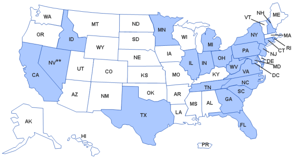 Image of map of Healthcare Facilities which Received Three Lots* of Methylprednisolone Acetate (PF) Recalled from New England Compounding Center on September 26, 2012