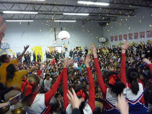 A recent USDA HUSSC event featured a rousing finale in which the entire gymnasium-filled with jumping and cheering students, teachers, administrators and partners- were showered with gold confetti.    