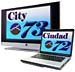 City 73 and Ciudad 72 logos on laptop and flat screen TV. 