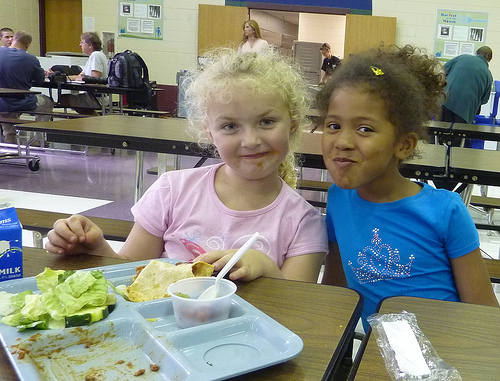 West Salem kindergarteners enjoy tacos, refried beans, Garden Bar, and grapes.