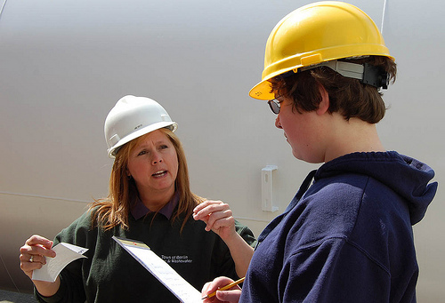 Jane Kreiter, Town of Berlin, Maryland, Wastewater Treatment Plant Director Jane Kreiter, discusses the biology of the treatment operation with Jamie Welch, student blogger, Worcester Prep.  