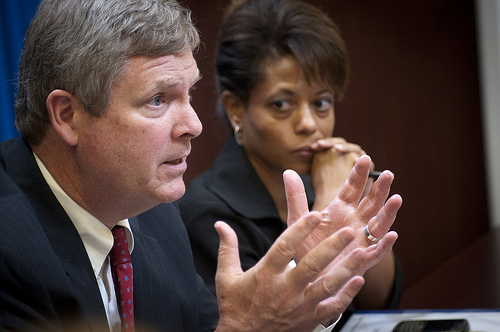 On Wednesday, Jul. 6, 2011, Agriculture Secretary Tom Vilsack attended a meeting at the White House in Washington, DC, with President Barack Obama, the President's Domestic Policy Adviser Melody Barnes and rural communities leaders from across the country for the White House Rural Champions of Change event. The purpose of this meeting is to strengthen rural communities and promote economic growth. Prior to coming here, they were posed with a question about, what should/should not the government be doing to strengthen rural communities and promote economic growth. USDA photo by Lance Cheung.