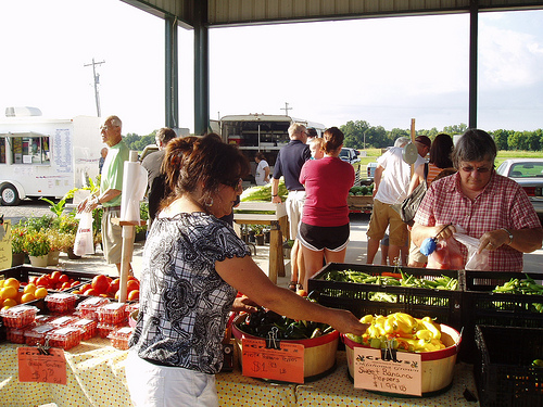 Claudia Crow, a farmer from Shawnee, OK, assists a customer during the Pottowatomie County Famers Market Five-Year Anniversary. 