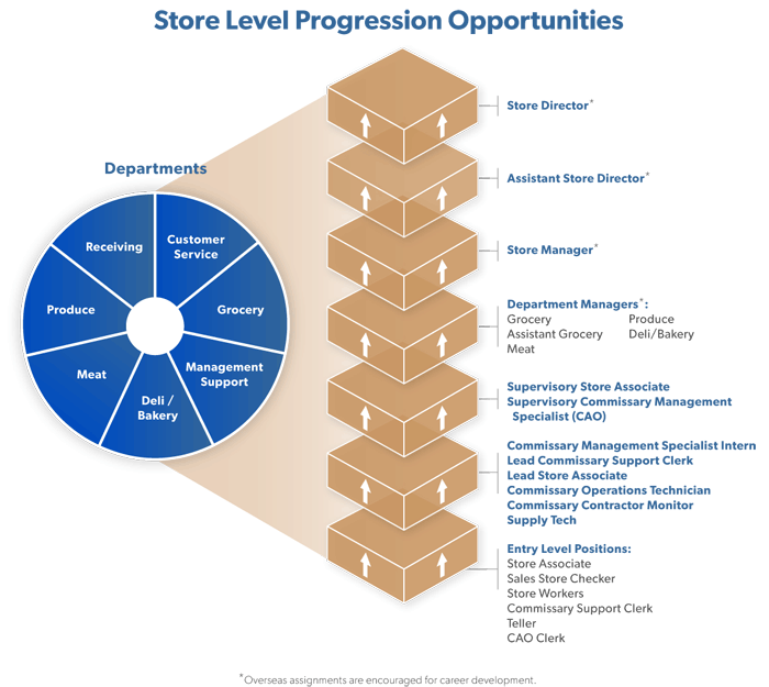 Store Level Progression Opportunities. The store departments are Customer Service, Grocery, Management Support, Meat, Produce, Receiving. Start with Store Associate, Sales Store Checker, Store Workers, Commissary Support Clerk, Teller, and CAO Clerk; then Commissary Management Specialist Intern, Lead Commissary Support Clerk, Lead Store Associate, Commissary Operations Technician, Commissary Contractor Monitor and Supply Tech; then Supervisory Store Associate and Supervisory Commissary Management Specialist (CAO); then Department Managers: Grocery, Assistant Grocery, Meat, Produce, Deli/Bakery; then Store Manager, then Assistant Commissary Officer; then Commissary Officer.
