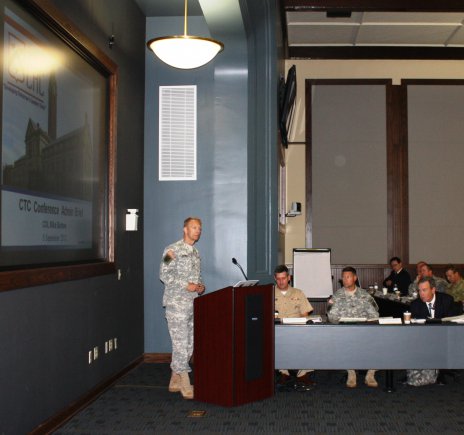 Col. Michael Barbee, director of the Combat Training Center Directorate, addresses the CTC Commanders Conference at Fort Leavenworth, Kan.