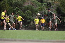Marines and French Marine paratroopers play soccer together during Exercise Croix de Sud at Camp la Broche, New Caledonia, Oct. 13. The Marines faced the French Marines in a friendly match before integrating teams to break the ice. The Marines participating are with 1st platoon, Company G, 2nd Battalion, 3rd Marine Regiment, which is currently assigned to 4th Marine Regiment, 3rd Marine Division, III Marine Expeditionary Force, under the unit deployment program. The French paratroopers are with 8th Marine Infantry Paratrooper Regiment, based out of Castres, France.