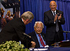 CBP Commissioner Ralph Basham shakes Senator Robert Byrd’s hand at the ribbon cutting ceremony held at the CBP Advanced Training Center in Harpers Ferry, W.Va. 