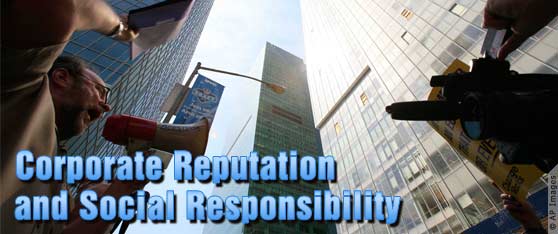 Man shouting through a megaphone while being filmed with embedded text, 'Corporate Reputation and Social Responsibility' (AP Images)