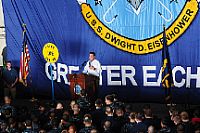 Deputy Secretary of Defense, Dr. Ashton Carter, addresses Sailors during an all-hands call in the hangar bay aboard the Nimitz-class aircraft carrier USS Dwight D. Eisenhower (CVN 69).