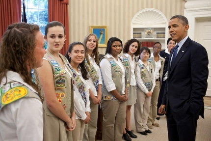 President Barack Obama talks with Girl Scout Gold Award winners in the Oval Office