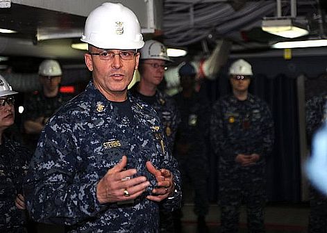 In this undated photo, U.S. Fleet Forces Fleet Master Chief Michael Stevens speaks to Sailors aboard the aircraft carrier USS Dwight D. Eisenhower (CVN 69). Chief of Naval Operations (CNO) Adm. Jonathan Greenert announced his selection of Stevens as the 13th Master Chief Petty Officer of the Navy (MCPON) at a Pentagon press conference.  U.S. Navy photo (Released)  120627-N-ZZ999-001
