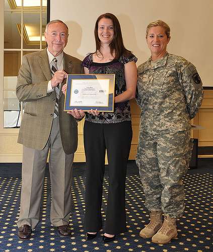 Left to right, retired Maj. Gen. Daniel F. Hitchcock, Patriot Award recipient Lisa Rice, and 1st Lt. Lorrie Lanham, NRCS Business Management Leaders Program (BMLP) trainee.