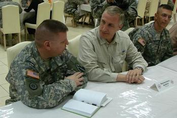 Congressman Murphy talks with members of the 316th Sustainment Command out of Moon Township about the work they are doing in Iraq.