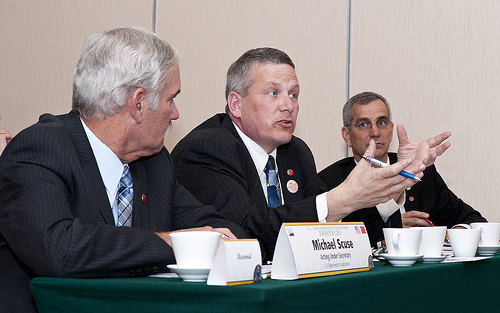 (From left to right) Acting Under Secretary for Farm and Foreign Agricultural Services Michael Scuse, Iowa Agriculture Secretary Bill Northey, and Oklahoma Agriculture Secretary Jim Reese speak at an American Chamber of Commerce breakfast in Shanghai, China on March 27. This was one stop on USDA’s largest-ever trade mission, which took place in China March 23-28. Scuse led the trade mission delegation, which included 39 U.S. companies and representatives from six state departments of agriculture. Photo Credit: Eric Ma