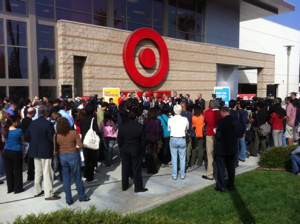 Los Angeles, CA, October 20, 2011 -- Antonio R. Villaraigosa, Los Angeles Mayor delivered comments after participating in ShakeOut at a Target store in Northridge, California. The Mayor is accompanied by representatives of numerous local, state, Federal, and private-sector partner agencies including Los Angeles City and County public safety departments, CalEMA, the Southern California Earthquake Center, the California Earthquake Authority, FEMA, USGS, NORTHCOM, State Farm, and the American Red Cross. Everyone at the Target store, from clerks to shoppers and the Mayor himself, practiced their “drop, cover, and hold on” technique following a storewide announcement timed to coincide with similar exercises throughout the state.