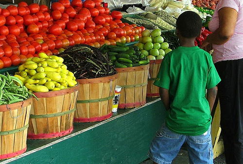 A young boy looks over the fresh fruits and veggies with his mother at a farmers market in Mississippi.  By listing their market in the National Farmers Market Directory, market managers open their market up new customers. Photo courtesy Natalie Maynor