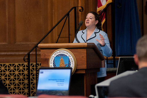 Senior Advisor to the Secretary of Agriculture Sarah Bittleman talked about the Agriculture perspectives on advanced drop-in biofuels, at the Industry Roundtable held in the Jefferson Auditorium, U.S.Department of  Agriculture Headquarters in Washington, D.C., on Friday, May 18, 2012.  Her talk discussed which feedstocks the USDA sees as coming  advanced drop-in biofuels industry, what a transition from a food to a non-food related feedstock looks like and when/if they are required, and a detailed overview of the Commodity Credit Corporation (CCC) programs.   USDA Photo by Lance Cheung.