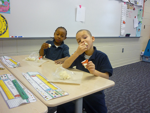 First graders at E. J. Brown Elementary School in Dayton, Ohio, eat cauliflower with lowfat ranch dip, as part of their school’s Fresh Fruit and Vegetable Program. According to school nurse Virginia Noe, the students “gobbled up” the cauliflower, with and without the dip.