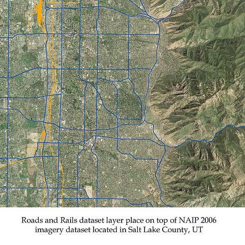 Roads and Rails dataset layer place on top of NAIP 2006 imagery dataset located in Salt Lake County, UT.  (Photo courtesty of NAIP)