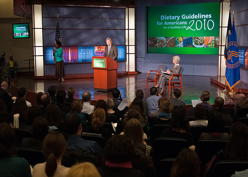 Agriculture Secretary Tom Vilsack and Health and Human Services Secretary Kathleen Sebelius (seated right) announced the release of the 2010 Dietary Guidelines for Americans in the George Washington University Jack Morton Auditorium, Monday, January 31 in Washington, DC. The Dietary Guidelines for Americans is the federal governments evidence-based nutritional guidance to promote health, reduce the risk of chronic diseases and reduce the prevalence of overweight and obesity through improved nutrition and physical activity.