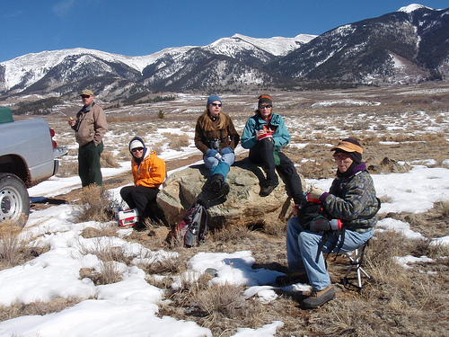 NRCS Earth Team volunteers and a Colorado state biologist enjoy lunch in the field during a bird count of the Gunnison sage-grouse in a remote section of high desert. From left, Robert Bright, Michelle Collins, Stephanie Steinhoff (state biologist), Jenny Nehring and Elinor Laurie. 