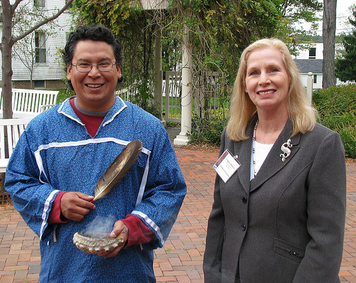 Aroostook Band of Micmacs Cultural Director John Dennis performed a smudging ceremony for attendees at the Tribal Consultation. In the photo are John Dennis and USDA Rural Development State Director Virginia Manuel