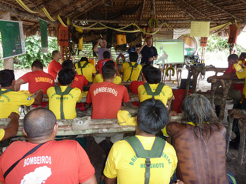 Fire brigades in the Brazilian Amazon listen to Scott Dehnisch, a U.S. Forest Service employee.  Photo courtesy of Forrest Behm.