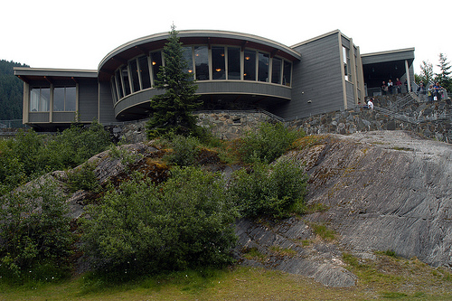 A picturesque view of the Mendenhall Glacier Visitor Center located on the Tongass National Forest in Juneau, Alaska 