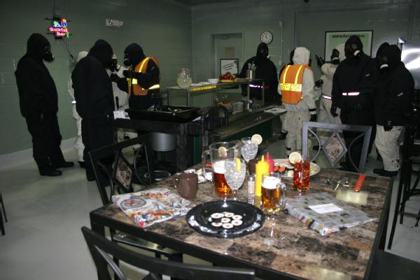 Anniston, Ala., Feb. 17, 2012 -- The Center for Domestic Preparedness created scenarios similar to scenes where biological agents may be deployed by fashioning its training bays into a restaurant environment (pictured above) and a post office scene. The training bays provide a realistic, safe and secure location for first responders to analyze the biological materials and demonstrate the appropriate response.