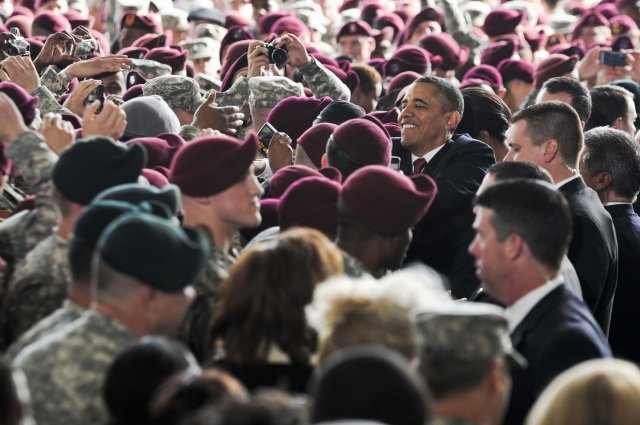 President Barack Obama interacts with service members after delivering his speech marking the end of the war in Iraq to more than 3,000 service members at Pope Army Airfield p Fort Bragg, N.C., Dec. 14, 2011.